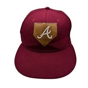 New Era 59FIFTY‎ Atlanta Braves Burgundy Wool Hat Size 7 Leather Logo RN11493